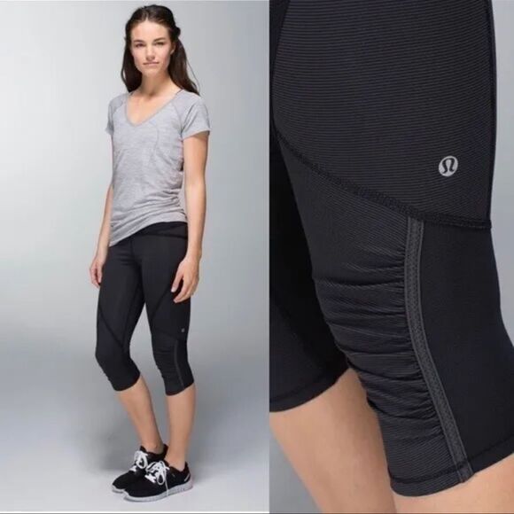 LULULEMON Athletica Run: Pace Crop Active Leggings Stripe Black Size 6 - Picture 1 of 8